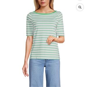 Lands' End Women's Green and White Striped Tee